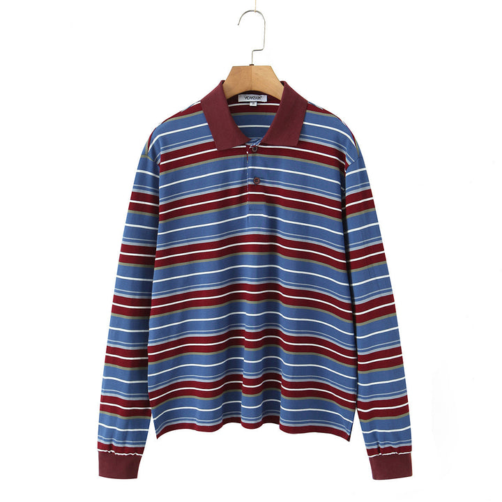 Men's Long-Sleeve Polo Shirt in Retro Stripe Pattern with Ribbed Cuffs and Button Placket Mune Fashion