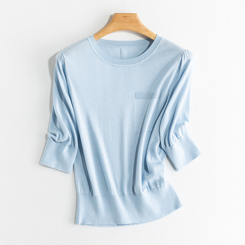 Women's fine knit top with 3/4 balloon sleeves, ribbed hem and chest piping Mune Fashion