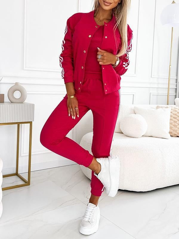 Women's trendy jogging suit set with college jacket, short top and slim-fit jogging pants Mune Fashion