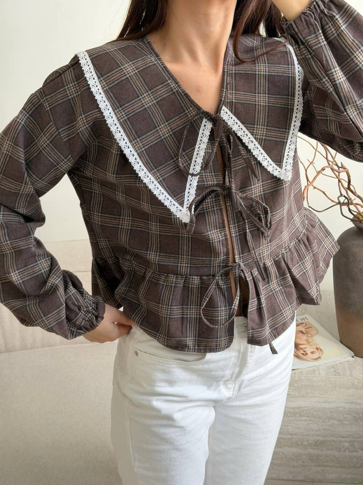Women's Checked Ruffle Blouse with Oversized Lace Collar and Ties Mune Fashion