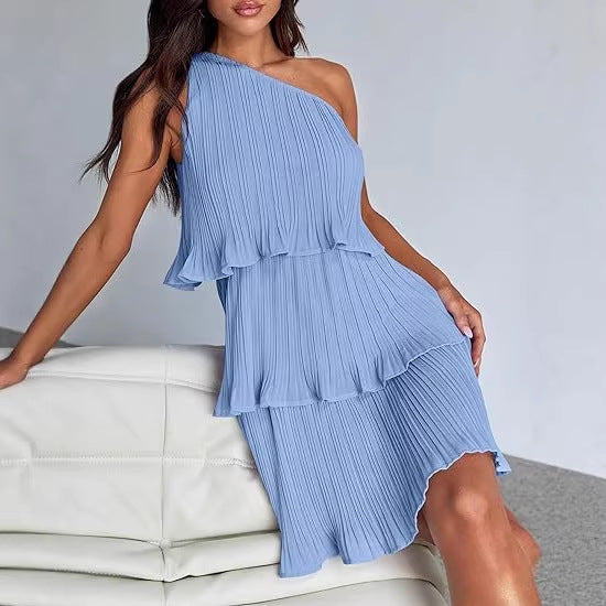 Women's Sleeveless Pleated Tiered Dress with Asymmetrical Shoulder Mune Fashion