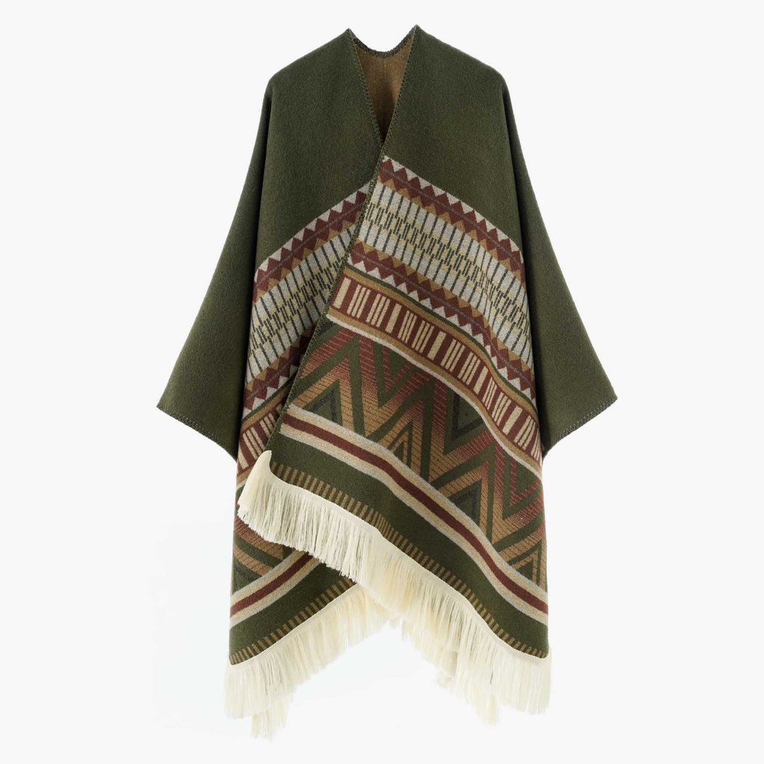 Women's Woven Ethno-Poncho with Fringes and Jacquard Pattern Mune Fashion