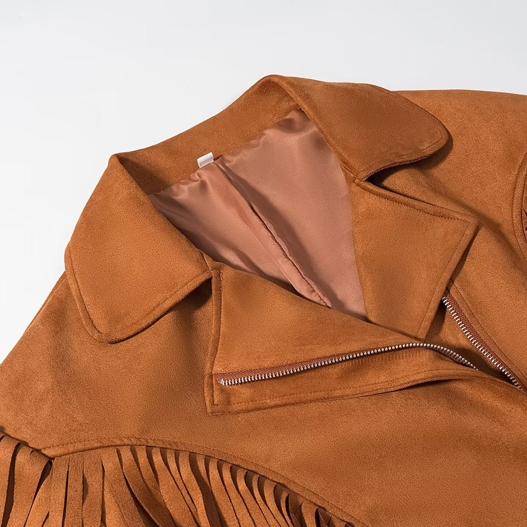 Women's Suede Look Fringe Jacket with Oversized Cut, Waist Belt and Statement Sleeves Mune Fashion