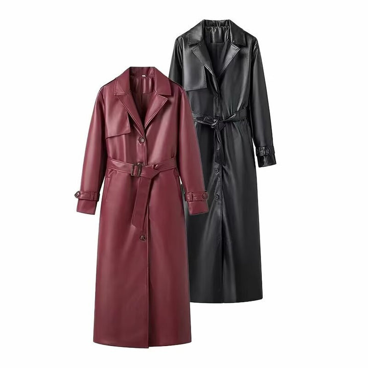 Women's Long Faux Leather Trench Coat with Waist Belt, Wide Lapels and Water-Resistant Surface Mune Fashion
