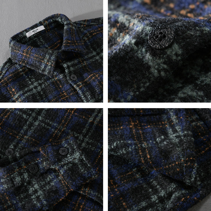 Men's Boucle Overshirt in Shirt Jacket Style with Kent Collar and Check Pattern Mune Fashion