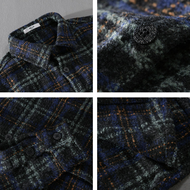 Men's Boucle Overshirt in Shirt Jacket Style with Kent Collar and Check Pattern Mune Fashion