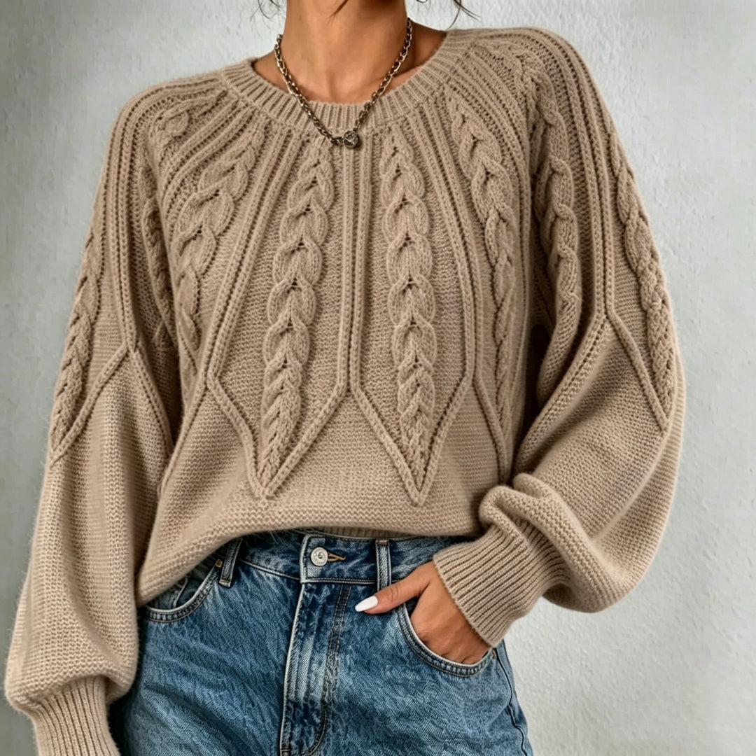 Women short-cut chunky knit cable sweater with balloon sleeves Mune Fashion