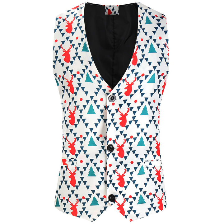 Men's Christmas three-piece suit set with jacket, vest, and trousers in all-over reindeer-tree pattern Mune Fashion