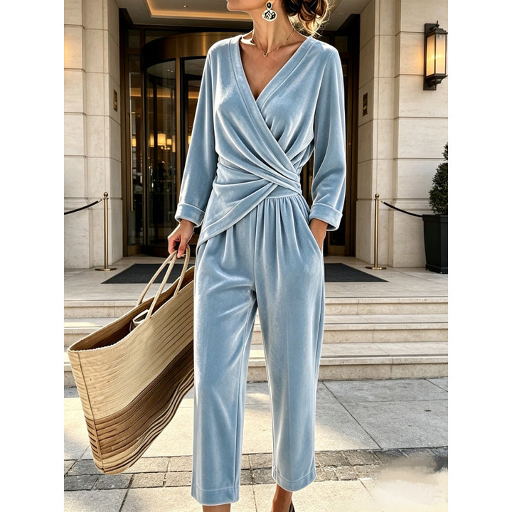 Women's velvet jumpsuit with wrap top, tailored draping, and wide ankle-length leg Mune Fashion