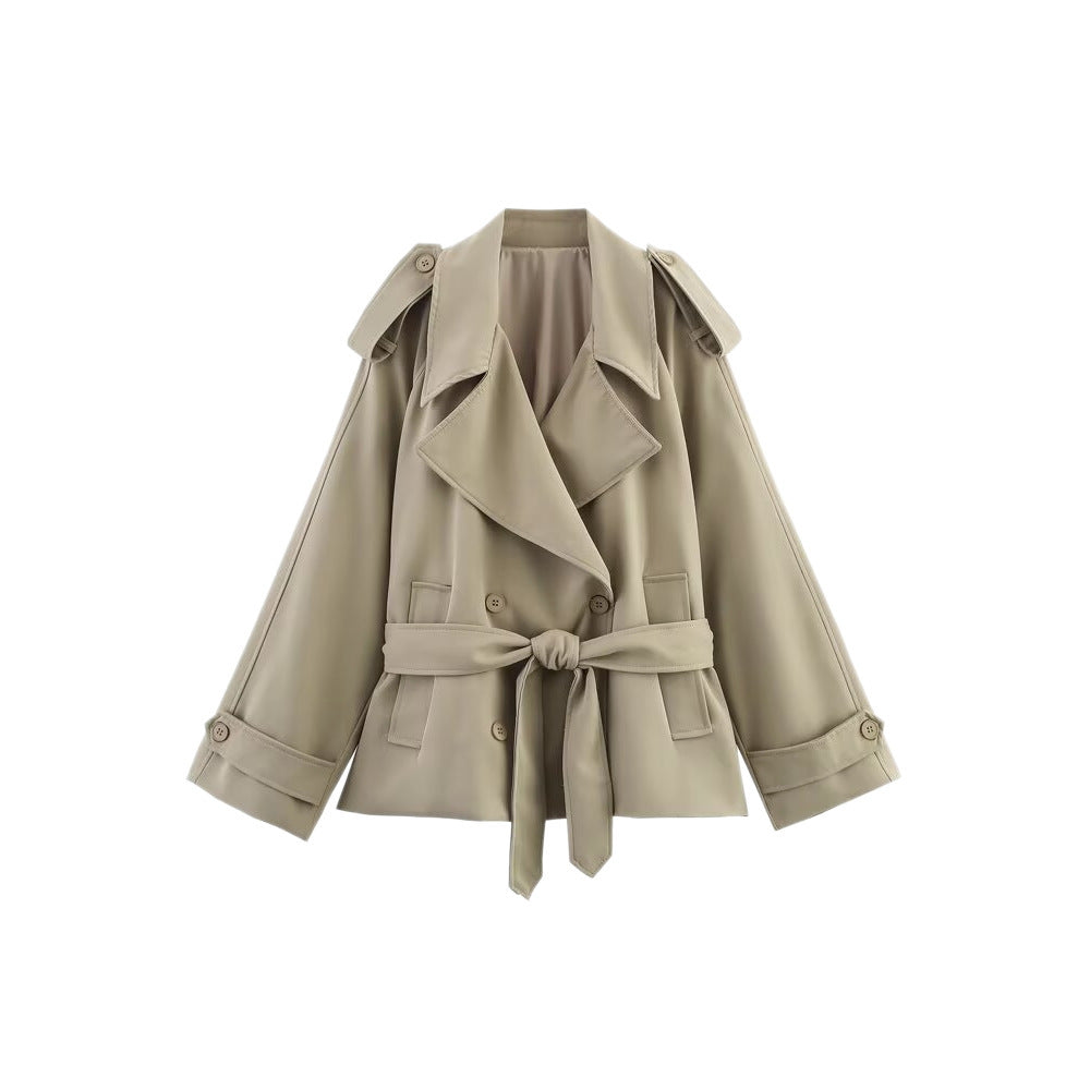Ladies Short Trench Coat with Ties and Cape Sleeves Mune Fashion