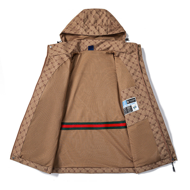 Men's lightweight water-repellent hooded jacket with all-over logo pattern, windproof shell, and practical pockets Mune Fashion