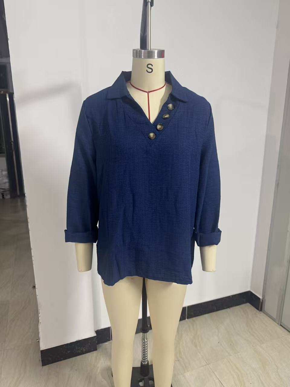 Women's Casual V Neck Blouse Shirt with Shirt Collar and Asymmetrical Decorative Button Placket Mune Fashion