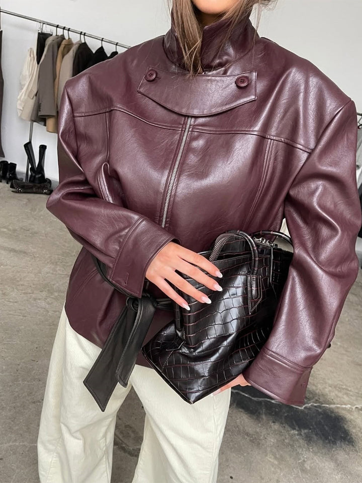 Women's Boxy Faux Leather Jacket with High Stand Collar, Front Zip and Waist Belt Mune Fashion