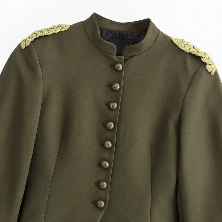 Women's fitted military short jacket with stand-up collar, epaulettes, and adorned decorative knots Drune