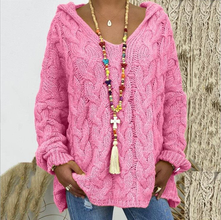 Women Oversized Cable Knit Sweater with Hood and Casual V-Neck Mune Fashion