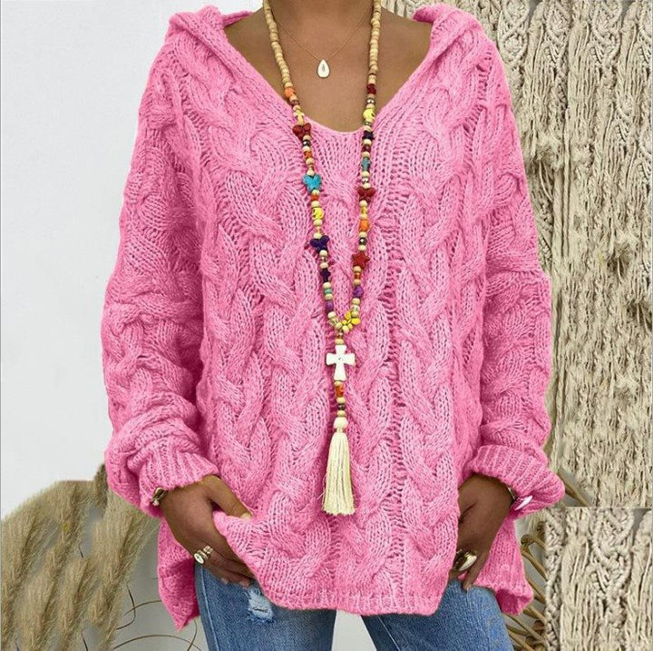 Women Oversized Cable Knit Sweater with Hood and Casual V-Neck Mune Fashion