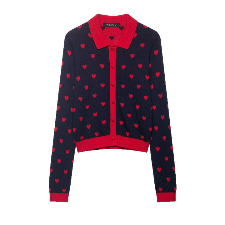 Women's Short Cardigan-Style Knitted Jacket with Heart Jacquard and Lapel Collar Mune Fashion