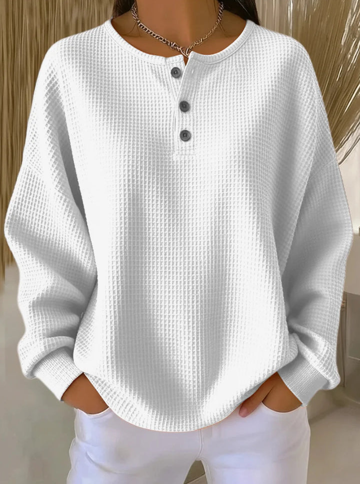Women's Oversized Waffle Knit Henley Sweater with Button Placket and Rounded Hem Mune Fashion