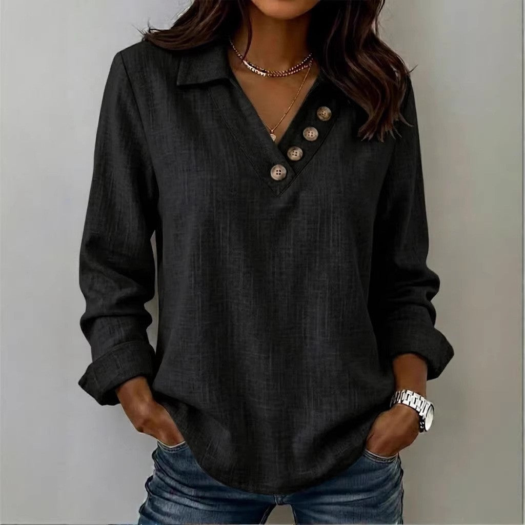Women's Casual V Neck Blouse Shirt with Shirt Collar and Asymmetrical Decorative Button Placket Mune Fashion