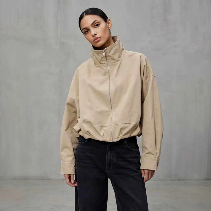 Women's Boxy-Cropped Windbreaker Jacket with High Standing Collar and Straight Hem Mune Fashion