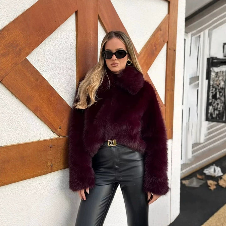 Women's Cropped Faux Fur Boxy Jacket with High Stand-Up Collar and Extra Soft Long Pile Mune Fashion