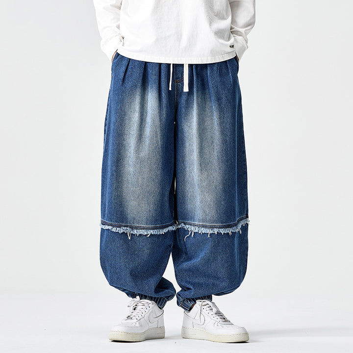 Men Wide-cut Baggy Denim Pants with Drawstring, Elastic Leg Openings and Fringed Detail Mune Fashion