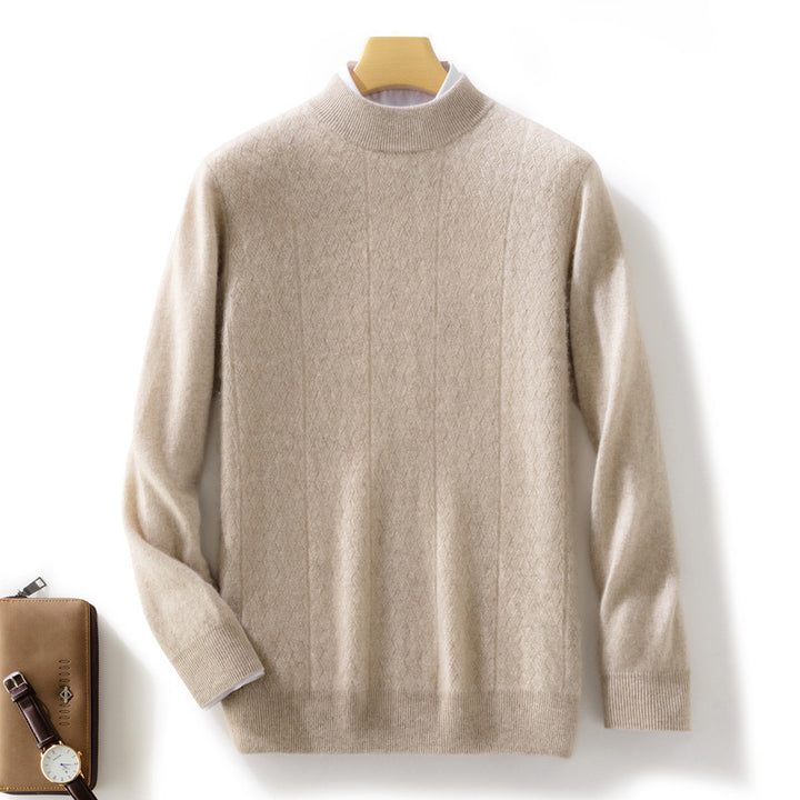 Men's fine stand-up collar sweater in cashmere look with subtle diagonal texture and narrow hem Mune Fashion