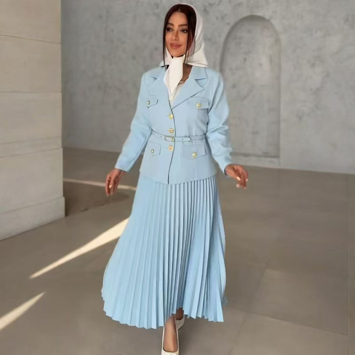 Women's Tailored Blazer with Belt and Pleated Maxi Skirt Set Mune Fashion