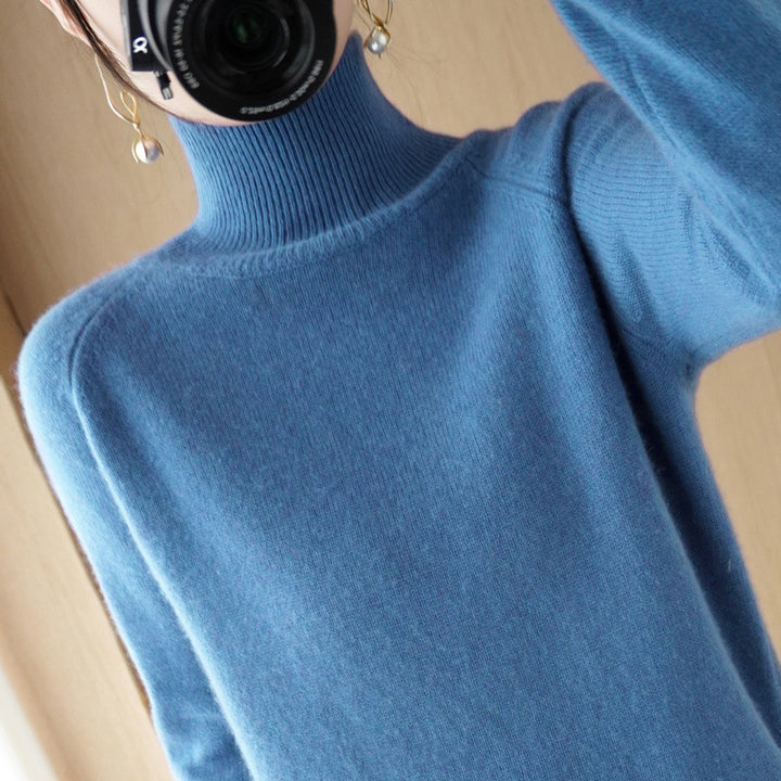 Women's Luxury Fine Knit Turtleneck Sweater with Thumbhole Cuffs and Feminine Shoulder Yoke Mune Fashion