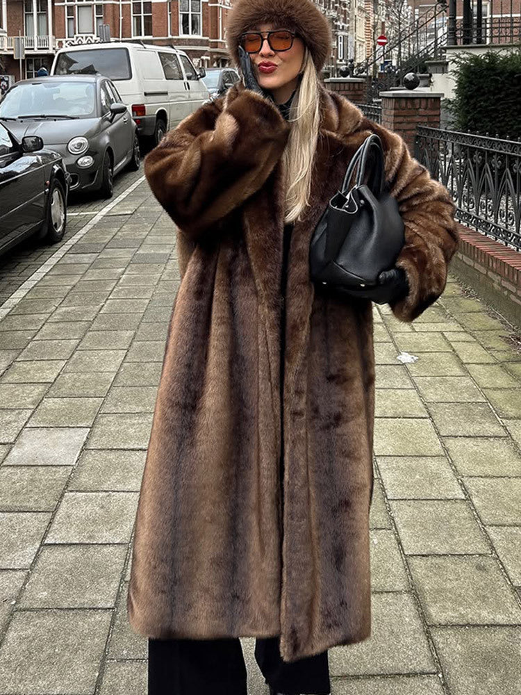Women Luxurious Long Faux Fur Coat with Oversized Cut and Warming Lining Mune Fashion