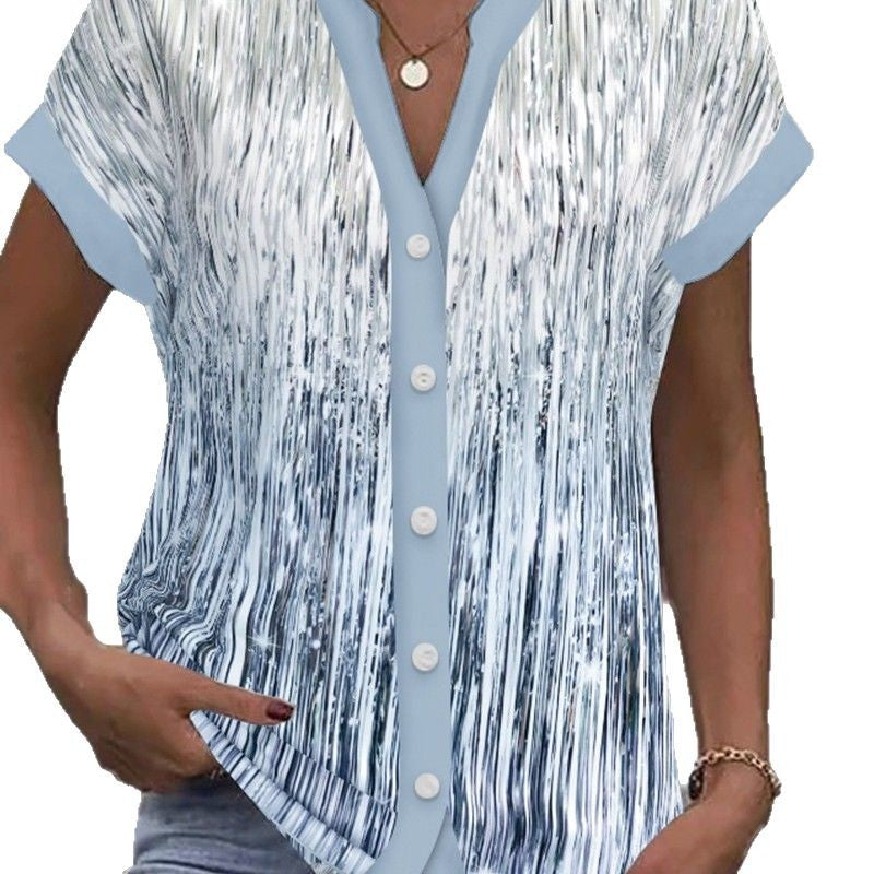 Women's short sleeve blouse with vertical brushstroke print, contrasting button placket and loose hem Mune Fashion