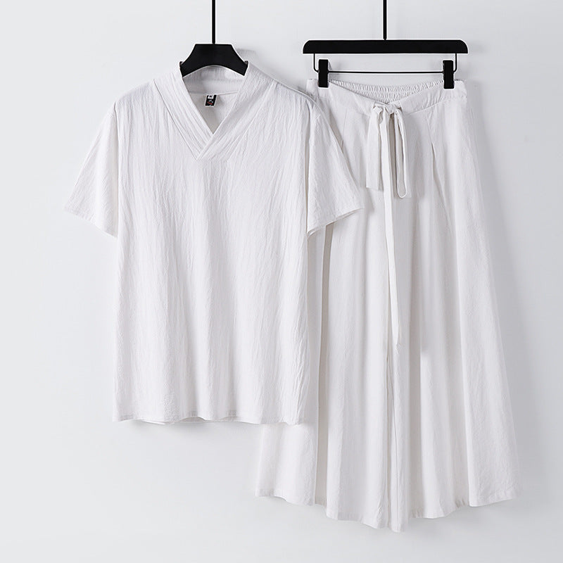 Women's Lightweight Loungewear Set with V-Neck Shirt and Flowing Midi Skirt with Drawstring Mune Fashion