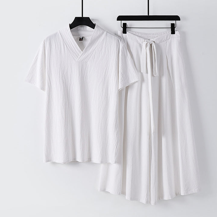 Women's Lightweight Loungewear Set with V-Neck Shirt and Flowing Midi Skirt with Drawstring Mune Fashion