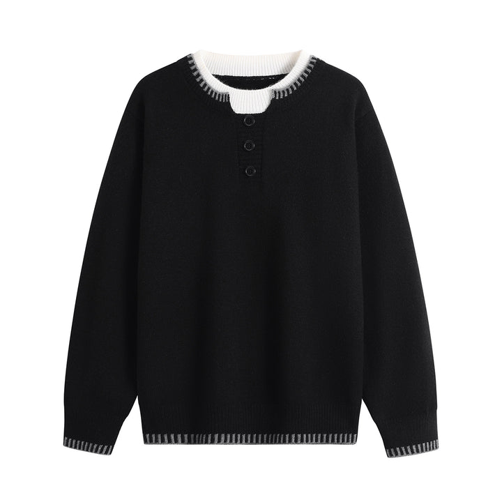 Unisex fine knit henley sweater with contrasting ribbed collar & three-button placket Mune Fashion