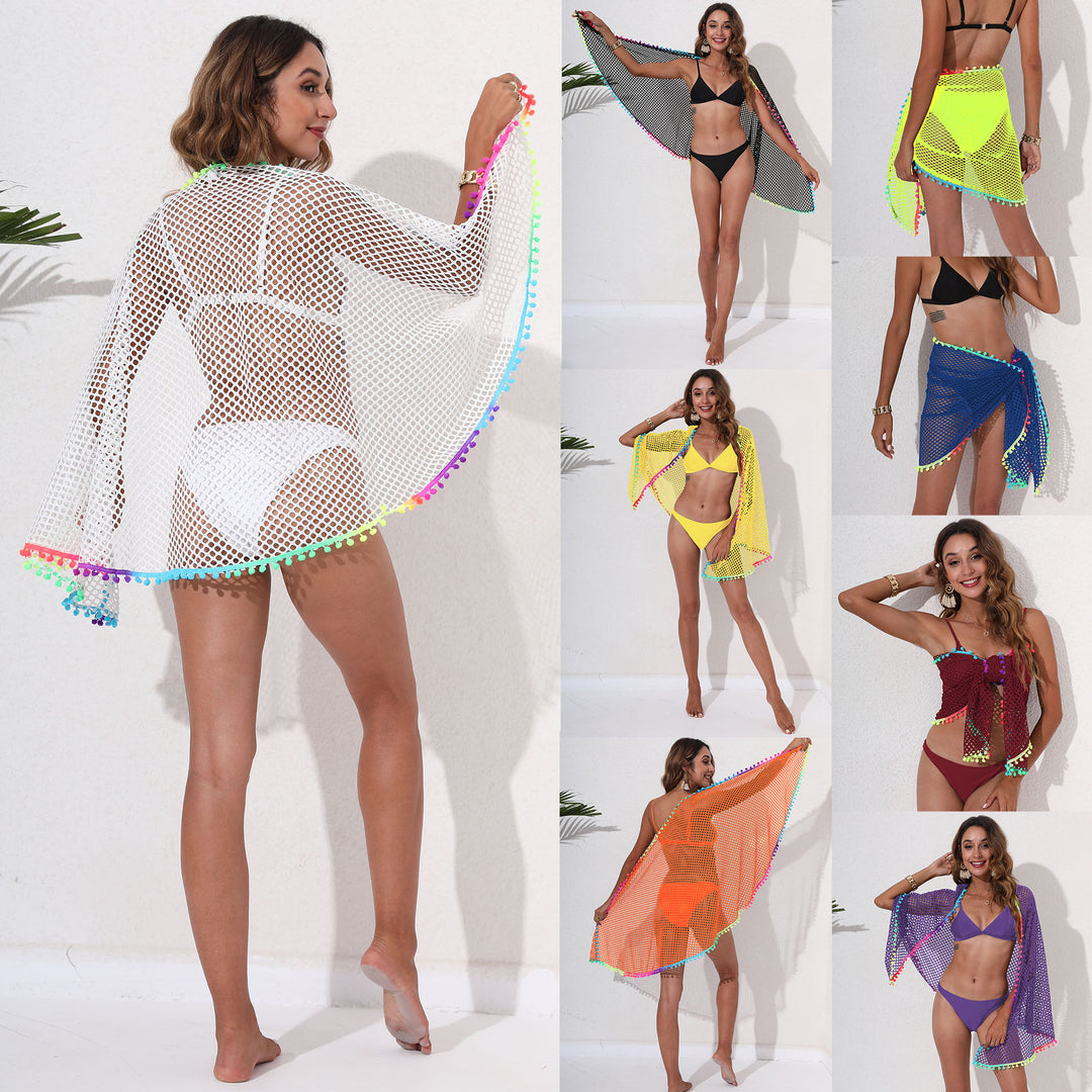Ladies Airy Crochet Beach Cover-Up with Colorful Pom-Pom Trim Mune Fashion