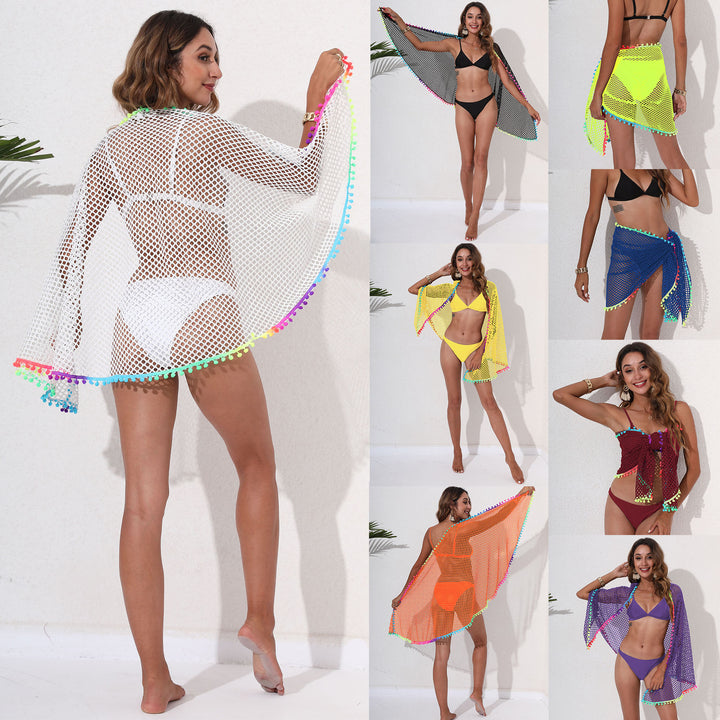Ladies Airy Crochet Beach Cover-Up with Colorful Pom-Pom Trim Mune Fashion
