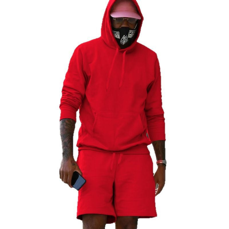 Men's two-piece leisure set hoodie and sweat shorts made of French Terry with kangaroo pocket and drawstring Mune Fashion