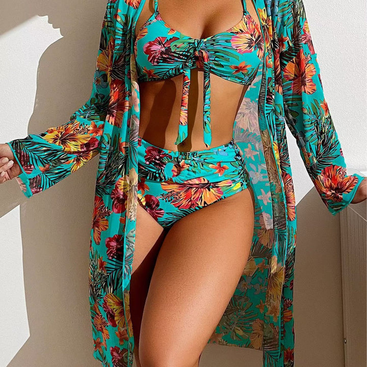 Ladies Bikini Set with Floral Patterns and Airy Kimono Jacket Mune Fashion