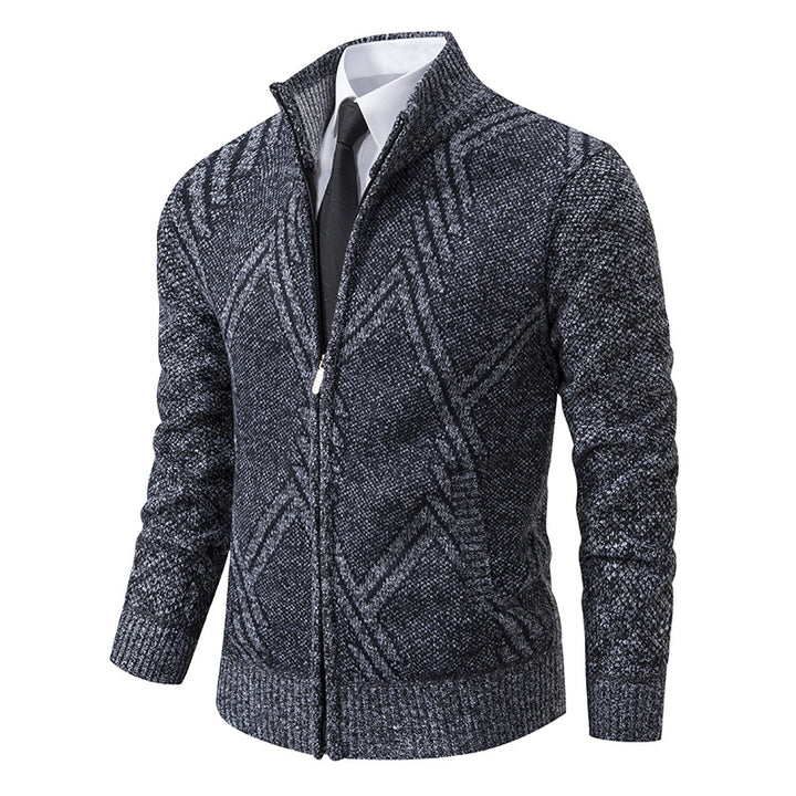 Men's Chunky Knit Zip Cardigan with Stand-Up Collar and Geometric Structure Pattern Mune Fashion