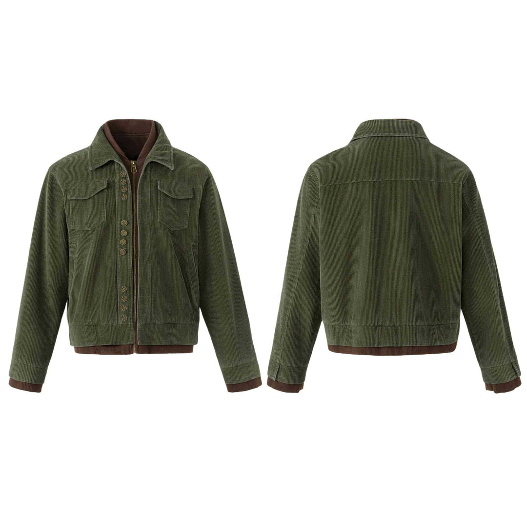 Men's short jacket made of corduroy with decorative button placket and inner zip.