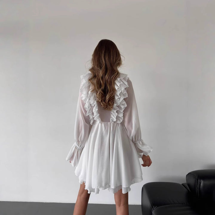 Women Chiffon Mini Dress with Ruffles, Deep V-Neck and Balloon Sleeves Mune Fashion