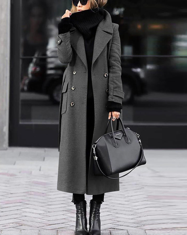 Ladies elegant maxi wool blend coat with double-breasted button placket, wide lapel collar and patch pocket flaps Mune Fashion