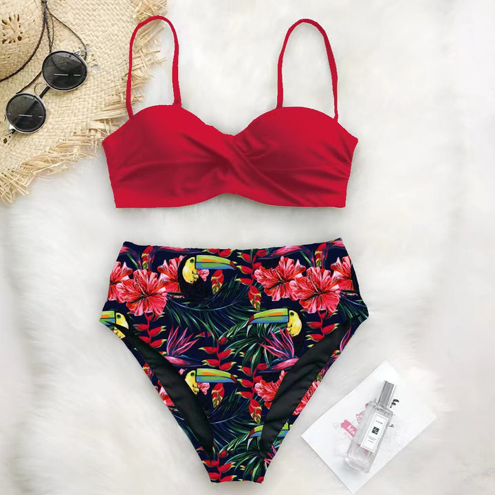 Women's High-Waisted Bikini Set with Gatherings and Floral Design Mune Fashion