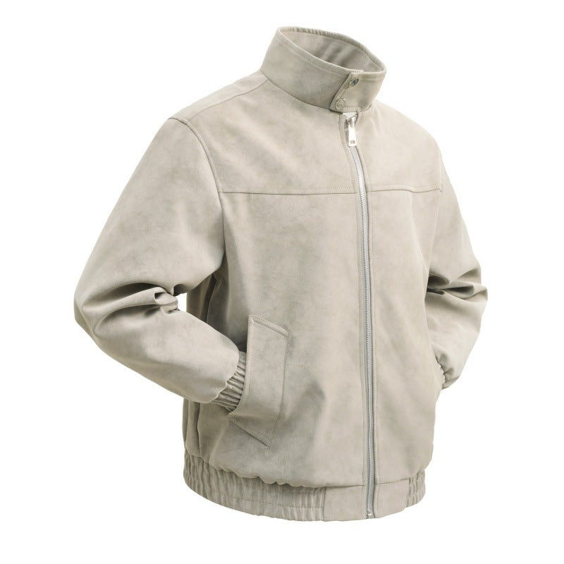 Men's short velour imitation blouson with high stand-up collar, metal zipper, and elastic hem Mune Fashion