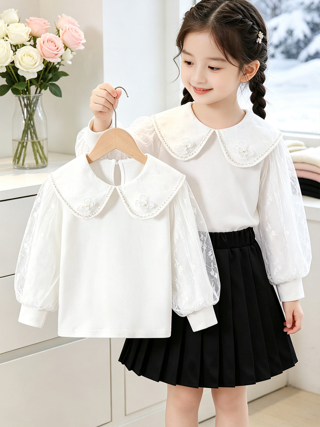 Girl's blouse with elegant tulle collar and floral appliqués Mune Fashion