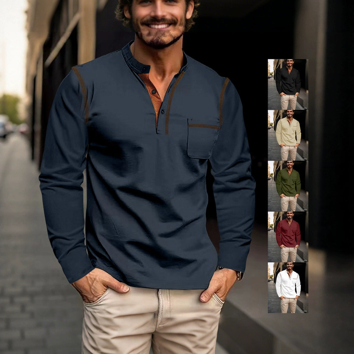 Men's nan legeres long sleeve henley shirt with stand-up collar, button placket, and chest pocket Mune Fashion