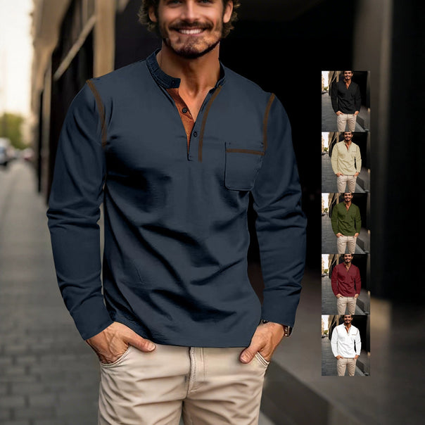 Men's nan legeres long sleeve henley shirt with stand-up collar, button placket, and chest pocket Mune Fashion