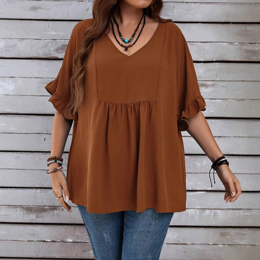 Women's Casual V-Neck Tunic with Gathered Empire Seam and Ruffle Sleeves Mune Fashion