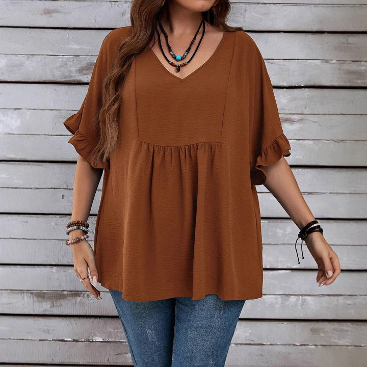 Women's Casual V-Neck Tunic with Gathered Empire Seam and Ruffle Sleeves Mune Fashion