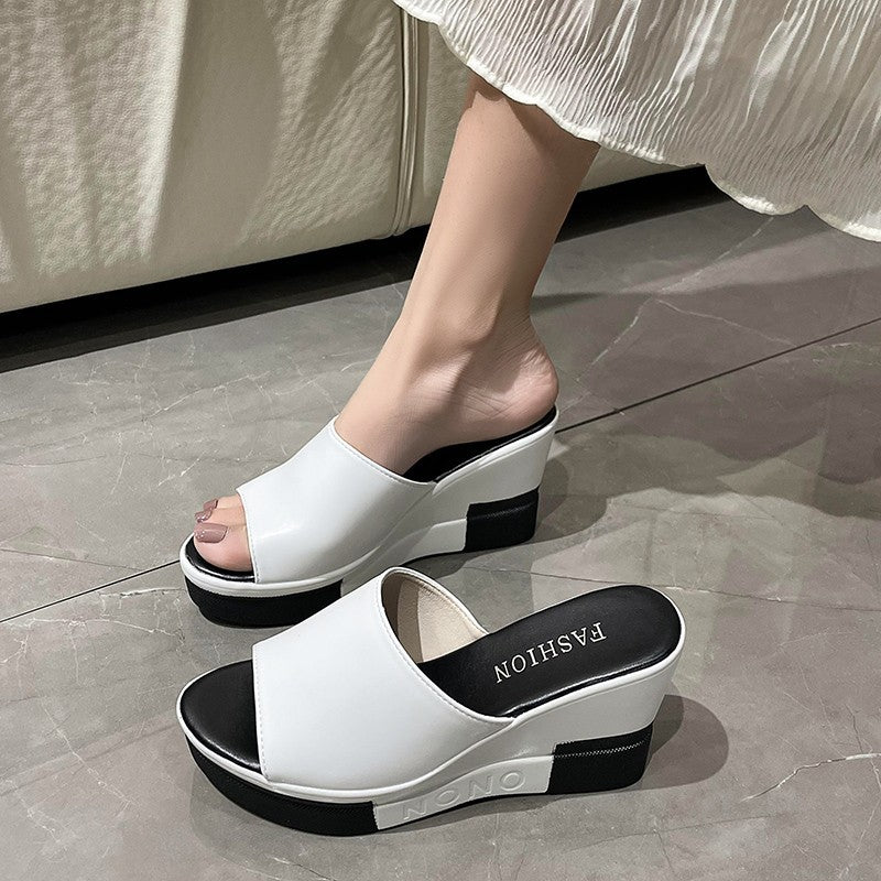 Women's slip-on sandals made of synthetic leather finish with open toe area, ergonomic wedge heel, and padded comfort footbed Mune Fashion